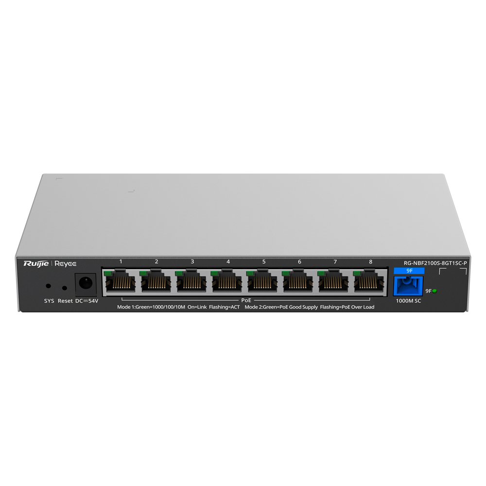 Reyee E-Lighten Switch PoE Cloud Layer 2 - 8 Gigabit RJ45 porte 802.3af/at - 1 Optisk Port SC 1G (PON) - 30W per port 802.3af/at / Maksimum 120W - VLAN/Port Isolation/Loop Prevention - DHCP Snooping/Port Mirroring