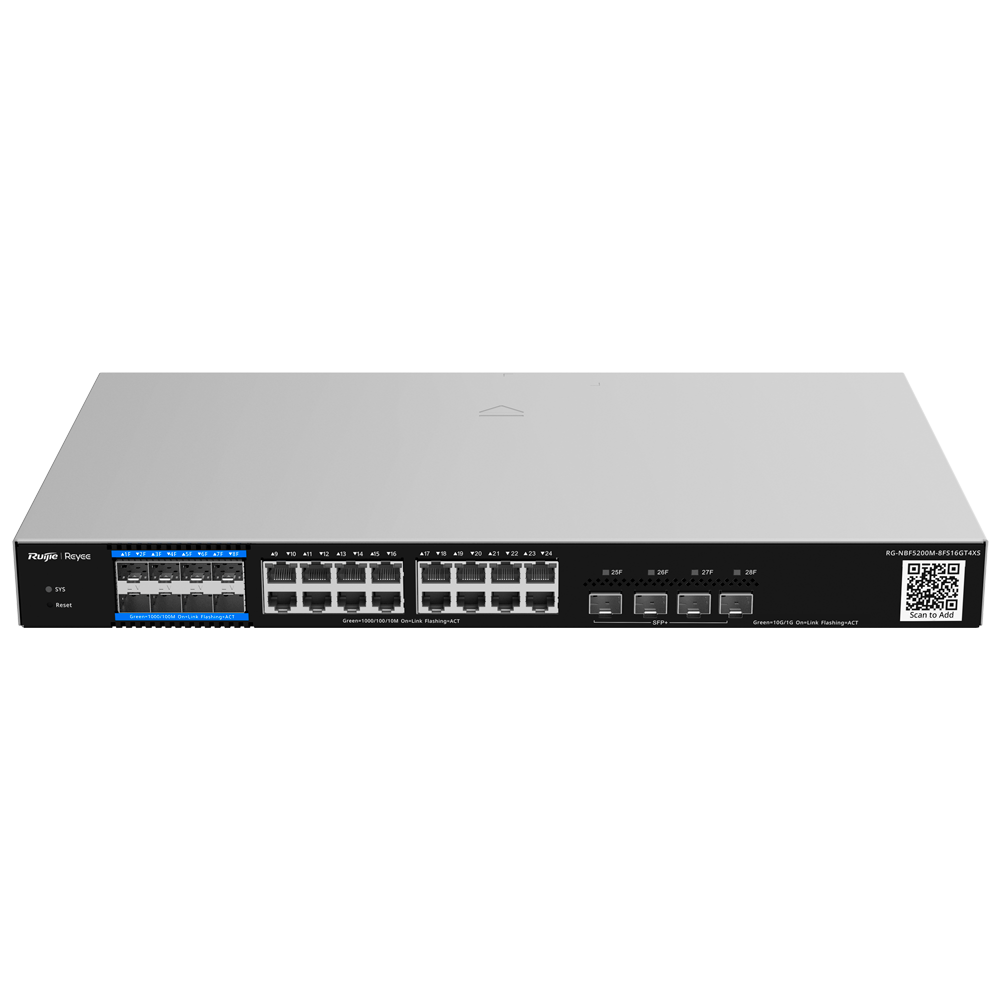 Reyee E-Lighten Switch Cloud Layer 3 - 16 RJ45 Gigabit porte + 4 SFP+ porte 10 Gbps - 8 E-Lighten SFP porte (PON/Ethernet) - Static LAG/DHCP Snoop/IGMP Snoop/Port Mirror - VLAN/Port Isolation/STP/RSTP/ACL/QoS/802.1X - DHCP server/statiske ruter/RIP/OSPF/SNMP