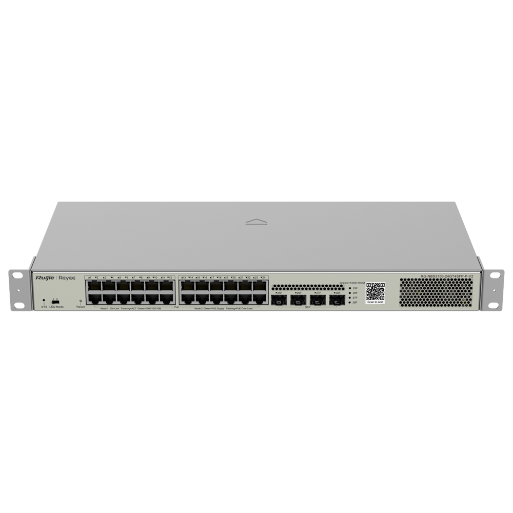 Reyee Switch PoE Cloud Layer 2+ - 24 Gigabit PoE porte + 4 Gigabit SFP - 30W per port 802.3af/at / Maksimum 370W - Static LAG/DHCP Snoop/IGMP Snoop/Port Mirror - VLAN/Port Isolation/STP/RSTP/ACL/QoS/LACP/SNMP - Rack