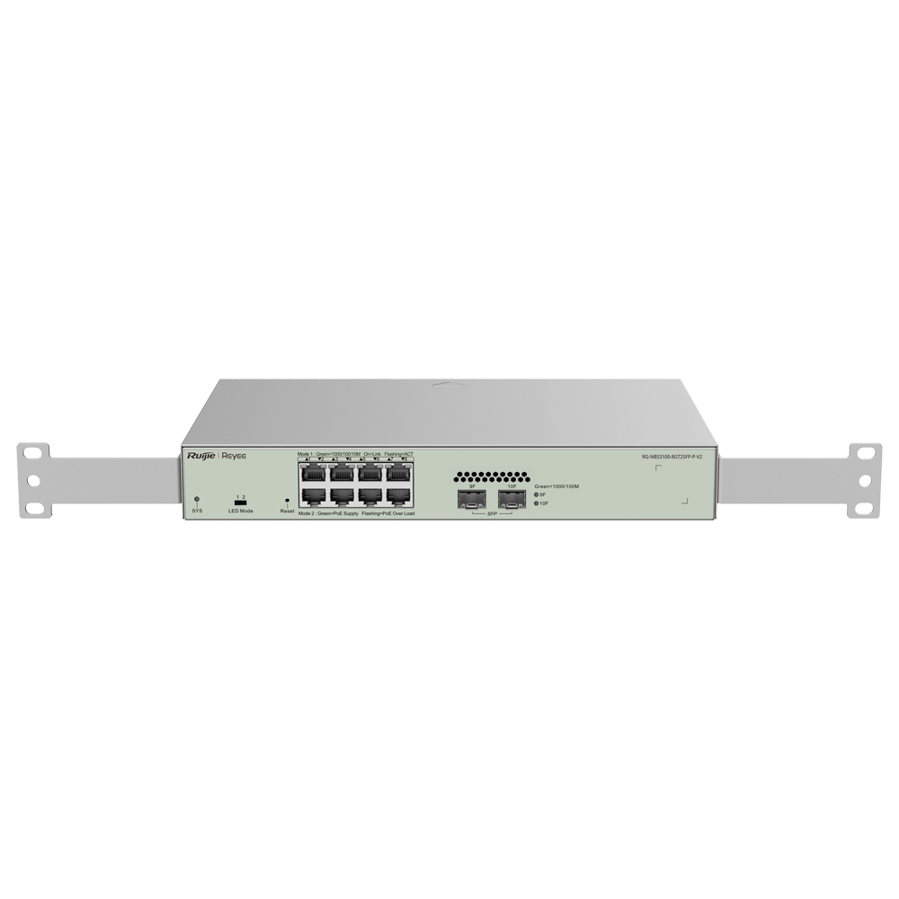 Reyee Switch PoE Cloud Cloud Layer 2 - 8 PoE+ Gigabit+ porte 2 Gigabit SFP - 30W pr. port 802.3af/at / Maksimum 125W - Static LAG/DHCP Snoop/IGMP Snoop/Port Mirror - VLAN/Port Isolation/STP/RSTP/RSTP/ACL/QoS/LACP/SNMP - Rack-monterbar