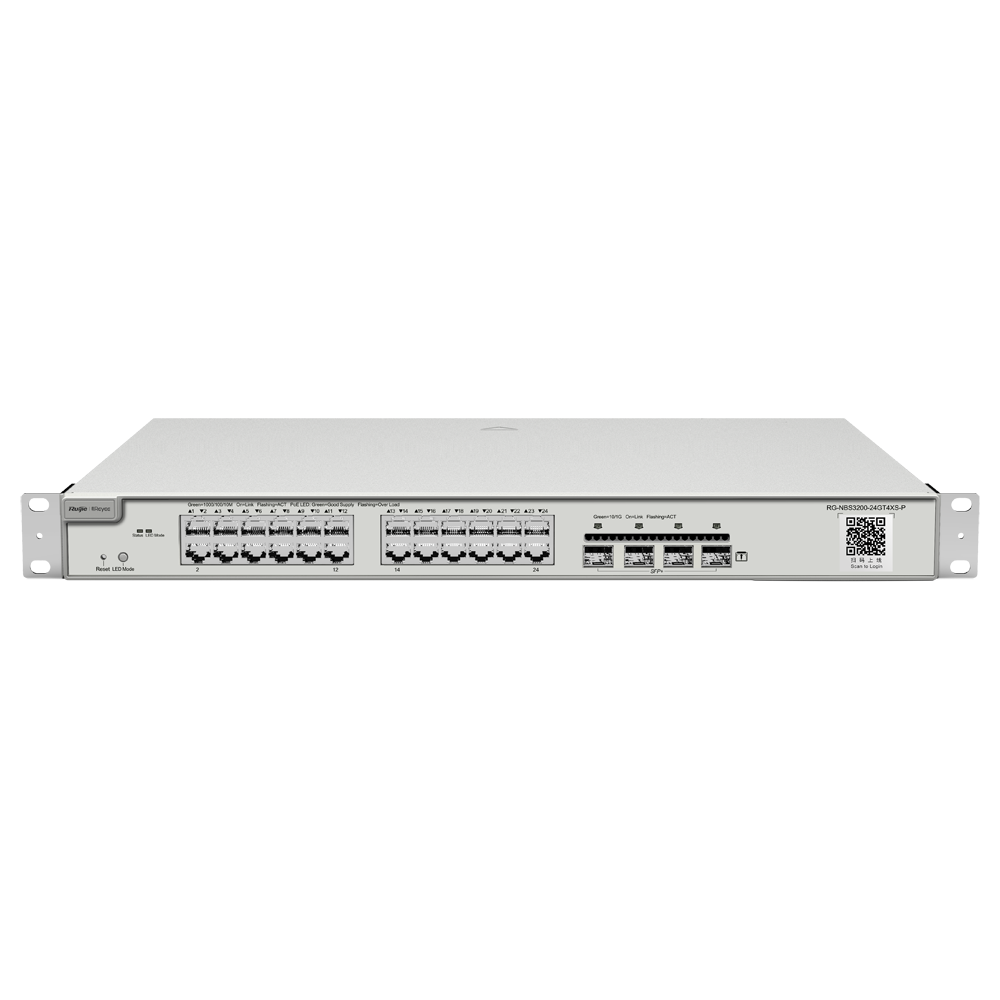 Reyee Switch PoE Cloud Cloud Layer 2+ - 24 Gigabit+ PoE 4 10Gbps SFP+ porte - 30 W pr. port 802.3af/at / Maksimum 370W - Static LAG/DHCP Snoop/IGMP Snoop/Port Mirror - VLAN/Port Isolation/STP/RSTP/ACL/QoS - Rack-monterbar