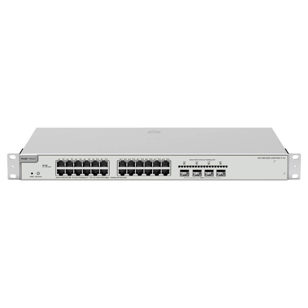 Reyee Switch PoE Cloud Cloud Layer 2+ - 24 Gigabit+ PoE 4 10Gbps SFP+ porte - 30 W pr. port 802.3af/at / Maksimum 370W - Static LAG/DHCP Snoop/IGMP Snoop/Port Mirror - VLAN/Port Isolation/STP/RSTP/ACL/QoS - Rack-monterbar