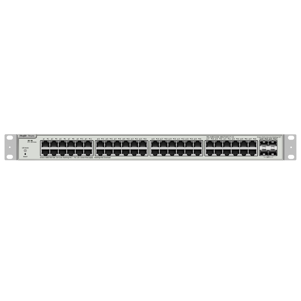 Administrerbar Reyee Cloud PoE Switch PoE L2+ - 48 PoE + 4 SFP+ porte - 48 10/100/1000Mbps + 4 SFP+ 10Gb - 30 W pr. port 802.3af/at / Maksimum 370W - VLAN/Port Isolation/STP/RSTP/ACL/QoS - Static LAG/DHCP Snoop/IGMP Snoop/Port Mirror