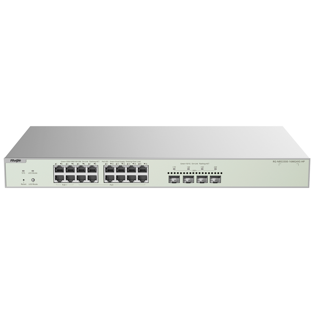 Reyee Switch PoE Cloud Cloud Layer 2 - 16 MultiGigabit+ PoE 4 10Gbps SFP+ porte - PoE 802.3af/at/bt op til 90w / Maksimum 370W - Static LAG/DHCP Snoop/IGMP Snoop/Port Mirror - VLAN/Port Isolation/STP/RSTP/ACL/QoS - Rack-monterbar