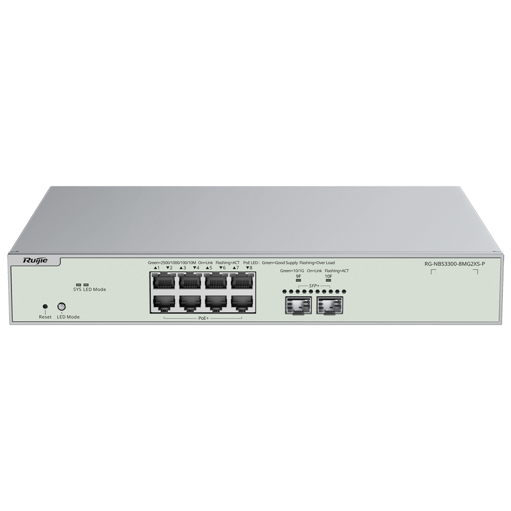 Reyee Switch PoE Cloud Cloud Layer 2 - 8 MultiGigabit+ PoE 2 10Gbps SFP+ porte - PoE 802.3af/at Maksimum 240W - Static LAG/DHCP Snoop/IGMP Snoop/Port Mirror - VLAN/Port Isolation/STP/RSTP/ACL/QoS - Rack-monterbar