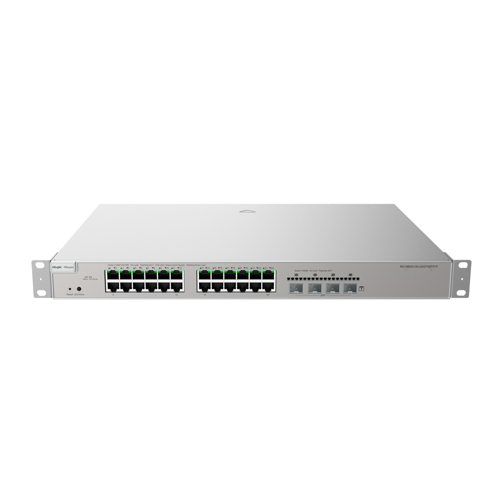 Reyee Switch PoE Cloud Layer 3 - 24 PoE porte RJ45 Gigabit + 4 Gigabit SFP - 30W per port 802.3af/at / Maksimum 370W - Static LAG/DHCP Snoop/IGMP Snoop/Port Mirror - VLAN/Port Isolation/STP/RSTP/ACL/QoS/802.1X - DHCP server/Static routes/RIP/OSPF/SNMP