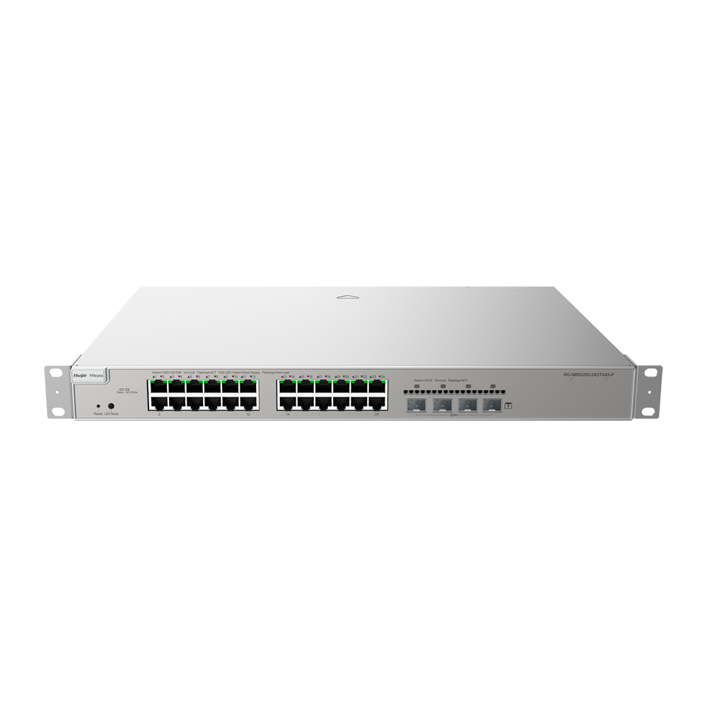 Reyee Switch PoE Cloud Layer 3 - 24 PoE porte RJ45 Gigabit + 4 SFP+ 10Gb - 30W per port 802.3af/at / Maksimum 370W - Static LAG/DHCP Snoop/IGMP Snoop/Port Mirror - VLAN/Port Isolation/STP/RSTP/ACL/QoS/802.1X - DHCP server/Static routes/RIP/OSPF/SNMP