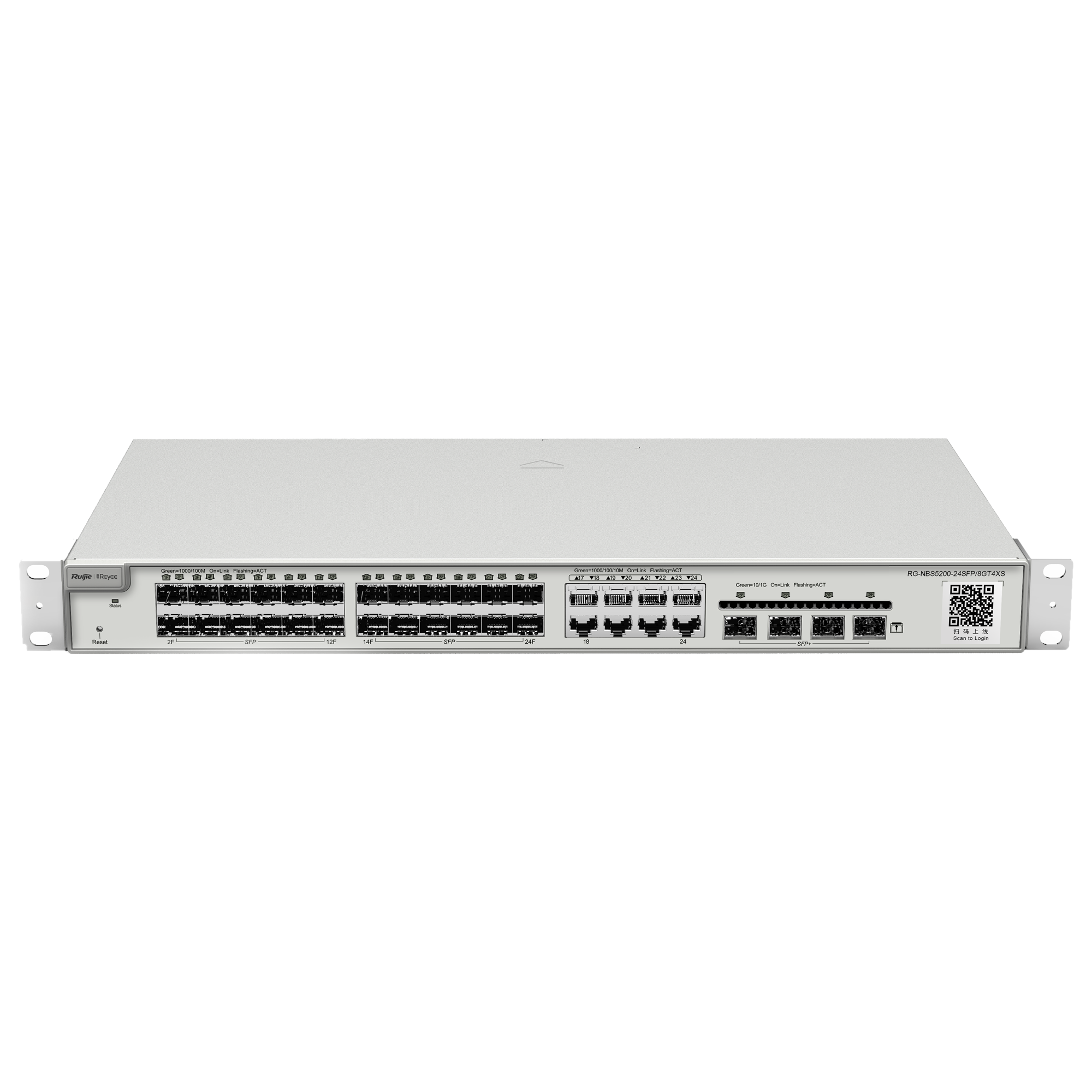 Reyee Switch Cloud Layer 3 - 24 Gigabit SFP porte (8 Combo porte RJ45) - 4 SFP+ 10 Gbps porte - Static LAG/DHCP Snoop/IGMP Snoop/Port Mirror - VLAN/Port Isolation/STP/RSTP/ACL/QoS/802.1X - DHCP server/Static routes/RIP/OSPF/SNMP