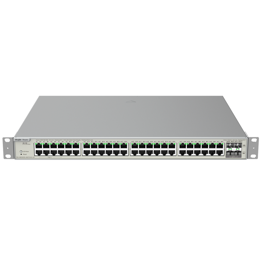 Reyee Switch Hi-PoE Cloud Layer 3 - 48 PoE porte RJ45 Gigabit + 4 SFP+ 10Gb - 40 PoE+ (30W) + 8 Hi-PoE (90W) / 740W porte - Static LAG/DHCP Snoop/IGMP Snoop/Port Mirror - VLAN/Port Isolation/STP/RSTP/ACL/QoS/802.1X - DHCP server/Static routes/RIP/OSPF/SNMP