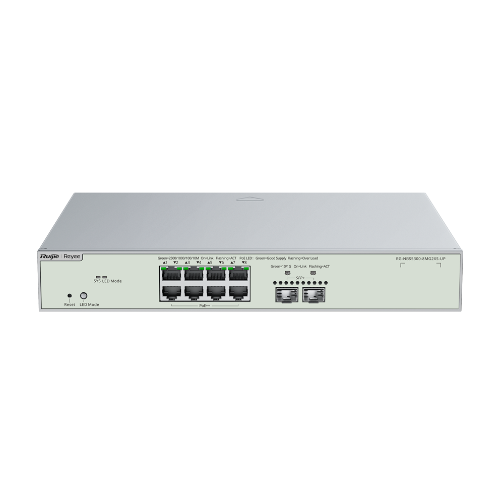 Reyee Switch Cloud Administrerbar L3 - 8 Hi-PoE RJ45 + 2 SFP+ porte - 8 Multi-Gigabit porte + 2 10G porte - VLAN/Port Isolation/STP/RSTP/ACL - DHCP Snoop/IGMP Snoop - Rack