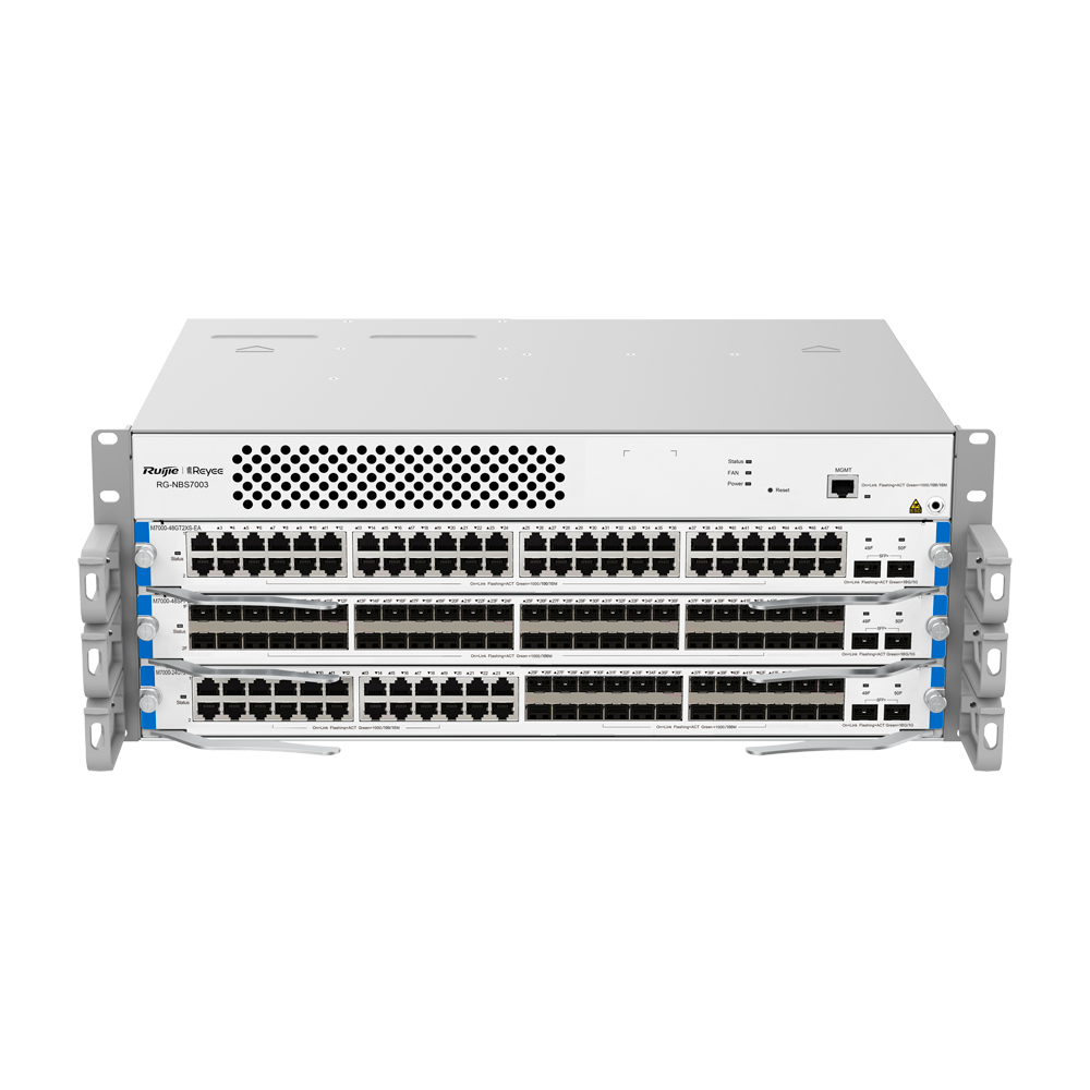 L3 Reyee Modulær Chassis Switch - 3 Expansion Slots (Total størrelse 4U) - Op til 144 GE / 144 GE SFP / 48 SFP+ porte - Static LAG/DHCP Snoop/IGMP Snoop/Port Mirror - VLAN/Port Isolation/STP/RSTP/ACL/QoS/802.1X - DHCP server/Static routes/RIP/OSPF/SNMP