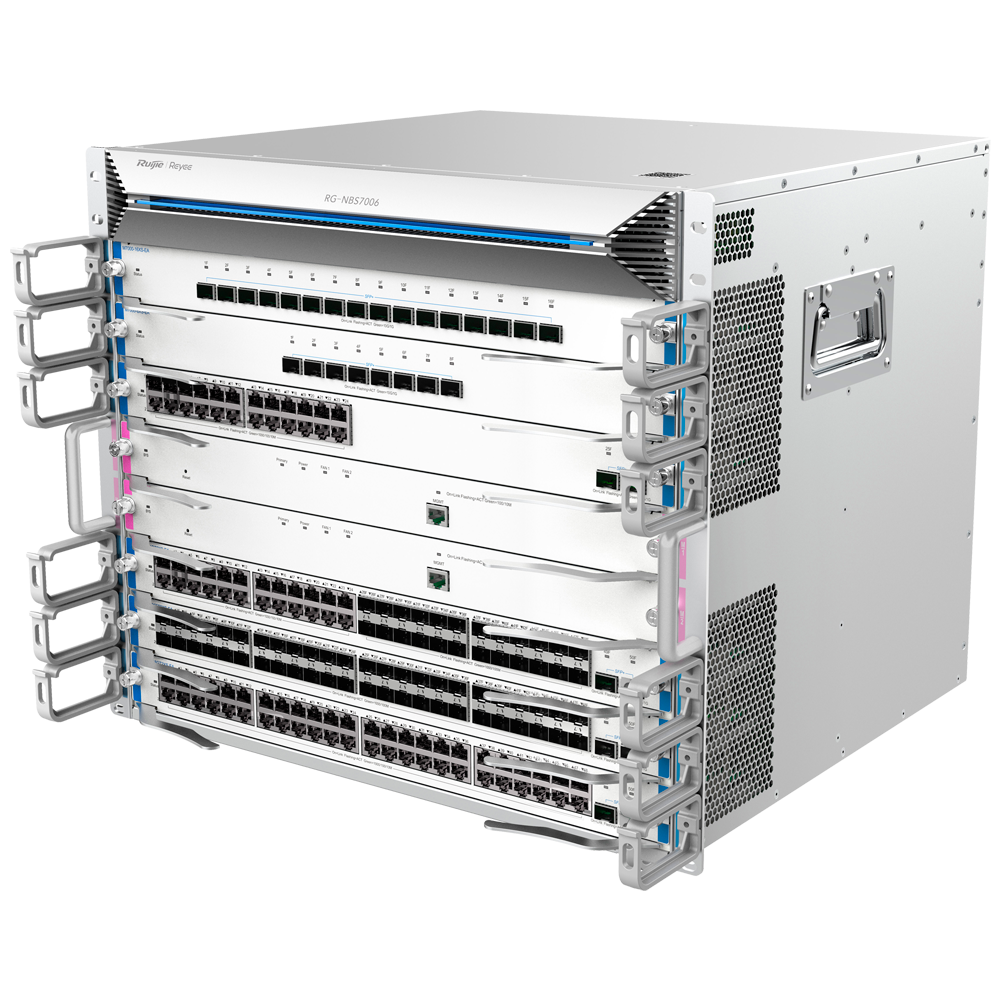 L3 Reyee Modulær Chassis Switch - 6 Expansion Slots (Total størrelse 9U) - Op til 288 GE / 288 GE SFP / 96 SFP+ porte - Static LAG/DHCP Snoop/IGMP Snoop/Port Mirror - VLAN/Port Isolation/STP/RSTP/ACL/QoS/802.1X - DHCP server/Static routes/RIP/OSPF/SNMP