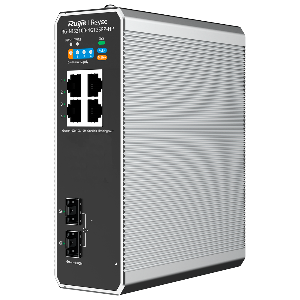 Reyee Industrial Switch PoE Cloud Layer 2 - 4 Gigabit porte + RJ45 Gigabit SFP porte - 4 PoE+ Porte 30W + 1 Hi-PoE Port 90W - Udvidet PoE (port 3~4) / Port Isolation - VLAN/ERPS/loop prevention/Watchdog/DHCP Snooping - DIN skinne montering