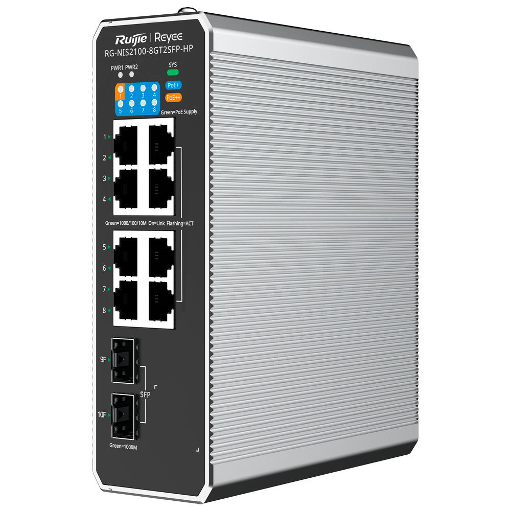 Reyee Industrial Switch PoE Cloud Layer 2 - 8 Gigabit porte + RJ45+ Gigabit SFP porte - 8 PoE+ Porte 30W + 1 Hi-PoE Port 90W - Extended PoE (port 5~8) / Port Isolation - VLAN/ERPS/loop prevention/Watchdog/DHCP Snooping - DIN rail montering