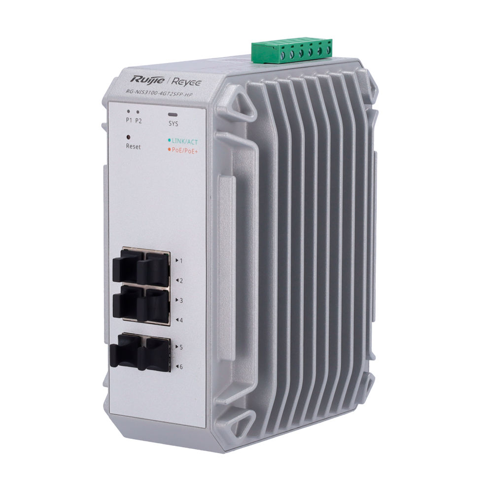 Reyee Industrial Switch PoE Cloud Layer 2 - 4 PoE+ Gigabit porte + 2 SFP Gigabit porte - 30W pr. port 802.3af/at / Maksimum 120W - Static LAG/DHCP Snoop/IGMP Snoop/Port Mirror - VLAN/Loop Prevention/STP/RSTP/ACL/Watchdog - DIN rail montering