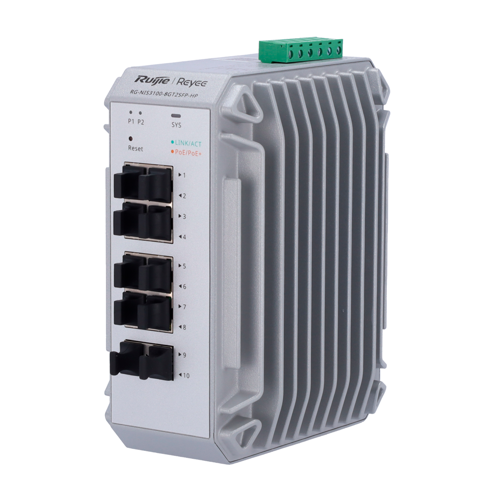 Reyee Industrial Switch PoE Cloud Layer 2 - 8 PoE+ Gigabit porte + 2 SFP Gigabit porte - 30W pr. port 802.3af/at / Maksimum 240W - Static LAG/DHCP Snoop/IGMP Snoop/Port Mirror - VLAN/Loop Prevention/STP/RSTP/ACL/Watchdog - DIN rail montering