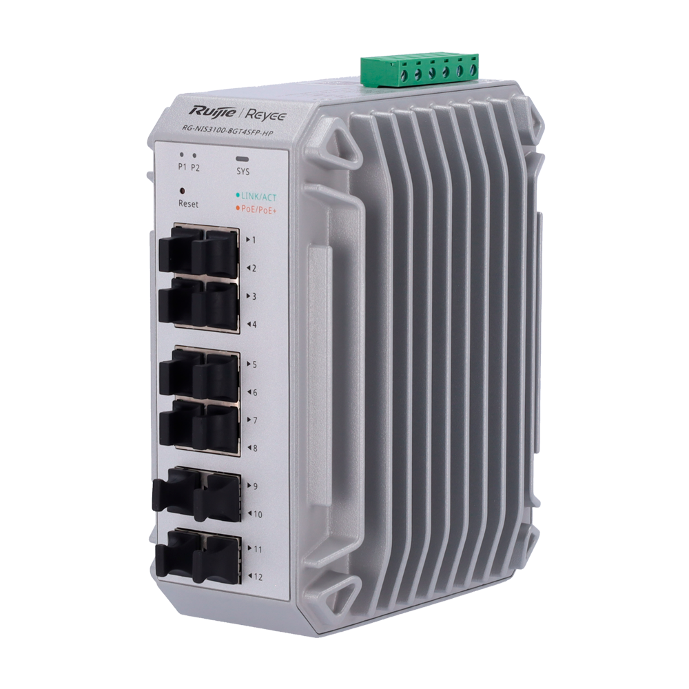 Reyee Industrial Switch PoE Cloud Layer 2 - 8 PoE+ Gigabit porte + 4 SFP Gigabit porte - 30W pr. port 802.3af/at / Maksimum 240W - Static LAG/DHCP Snoop/IGMP Snoop/Port Mirror - VLAN/Loop Prevention/STP/RSTP/ACL/Watchdog - DIN rail montering