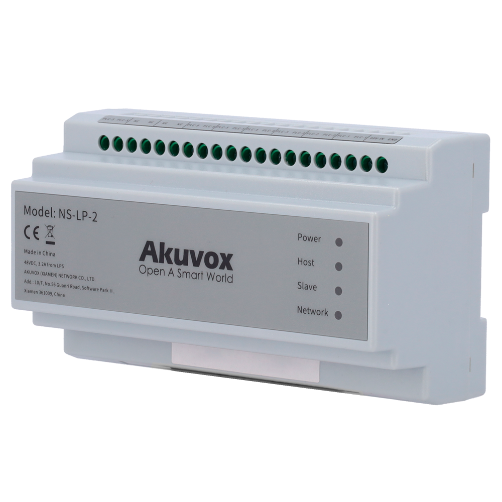 Distributor til communities 2 LP ledninger - Forsyner op til 26 WiFi-aktiverede monitorer - Tilslutning af kaskade-distributorer - Netværksport til Cloud-brug - DIN-skinnemontage