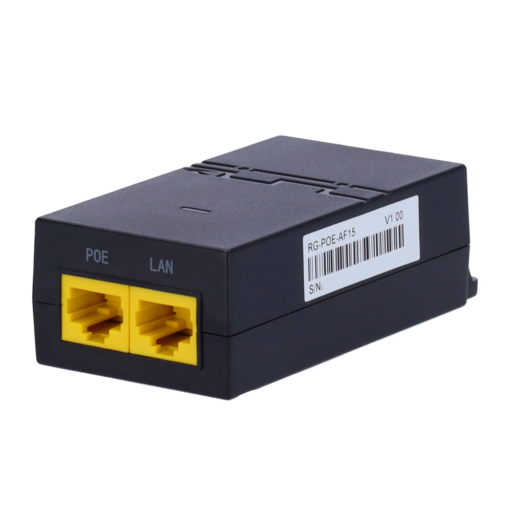 Ruijie - Passiv PoE Injector - RJ45 porte 10/100/1000 Mbps - Strøm 15,6 W ved 52V - Maksimal afstand 100 m - Kompakt design