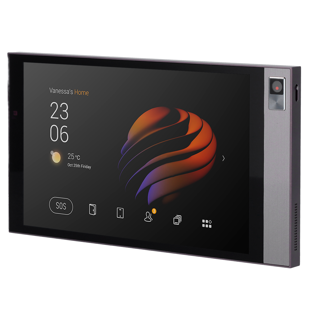 Android 10.0 monitor til hjemmeautomatisering - TFT display på 8" | Tredjepartsapplikationer - Tovejs audio | Video intercom monitor - TCP/IP, PoE, WiFi, Bluetooth, ZigBee, SIP - Miljøsensorer - Forbindelse via Cloud | Integreret kamera