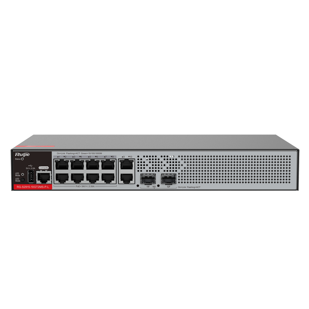 Ruijie Switch PoE Cloud Styrbar L2+ - 8 porte RJ45 GE + 2 SFP 2.5Gigabit porte - 8 PoE+ Porte / Op til 125W total effekt - VLAN/QinQ/STP/RSTP/ACL/QoS/RIP/Static Routes - LACP/DHCP Snooping/IGMP Snooping/802.1x/SNMP - Rackmontering