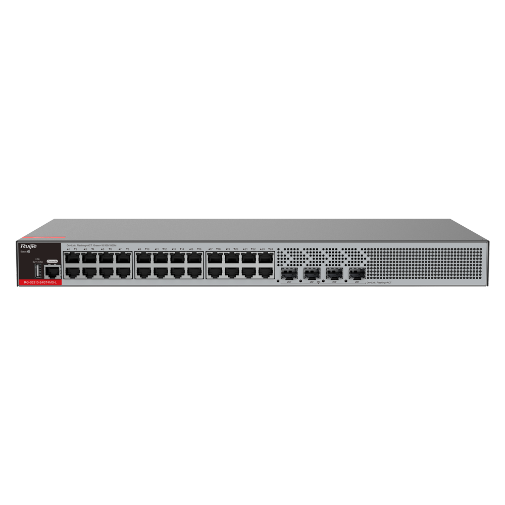 Ruijie Switch Cloud Styrbar L2+ - 24 porte RJ45 + 4 SFP porte 2.5 - Hastighed 24 x10/100/1000Mbps + 4 x1000/2500Mbps - VLAN/QinQ/STP/RSTP/ACL/QoS/RIP/Static Routes - LACP/DHCP Snooping/IGMP Snooping/802.1x/SNMP - Rackmontering
