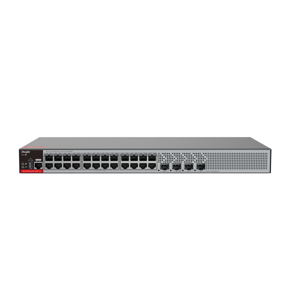 Ruijie Switch PoE Cloud Styrbar L2+ - 24 porte RJ45 GE + 4 SFP 2.5Gigabit porte - 24 PoE+ Porte / Op til 370W total effekt - VLAN/QinQ/STP/RSTP/ACL/QoS/RIP/Static Routes - LACP/DHCP Snooping/IGMP Snooping/802.1x/SNMP - Rackmontering