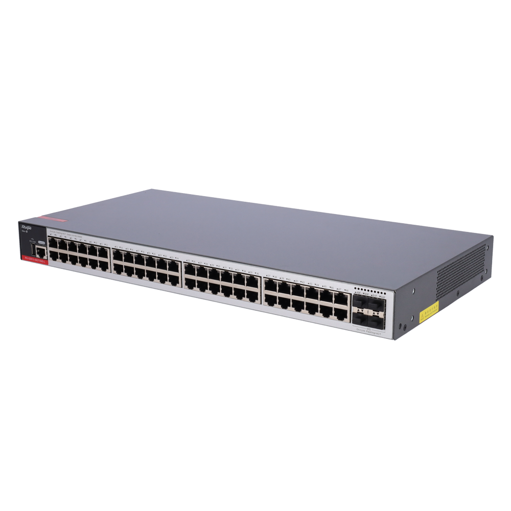 Ruijie Switch Cloud Styrbar L2+ - 48 porte RJ45 + 4 SFP porte 2.5 - Hastighed 48 x10/100/1000Mbps + 4 x1000/2500Mbps - VLAN/QinQ/STP/RSTP/ACL/QoS/RIP/Static Routes - LACP/DHCP Snooping/IGMP Snooping/802.1x/SNMP - Rackmontering