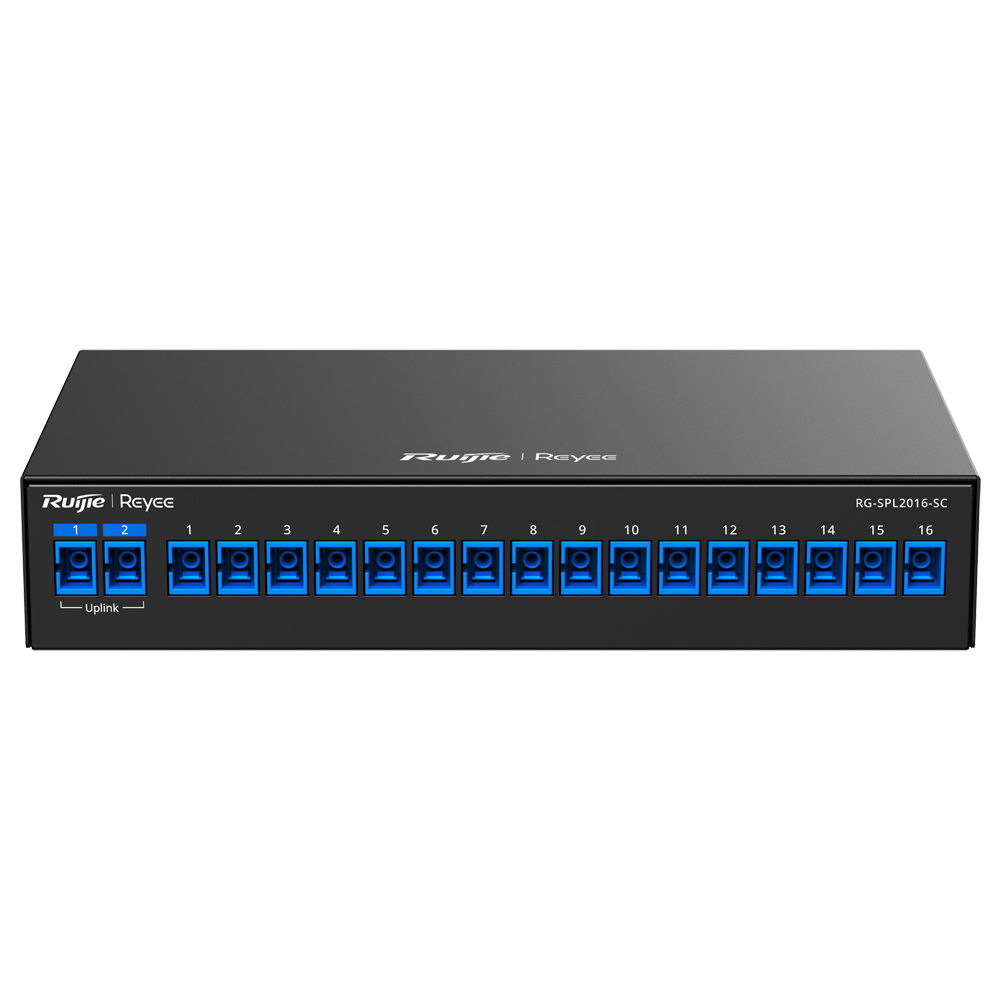 Reyee Passiv Optisk Splitter - Bølgelængde 1260 nm til 1650nm - Kompatibel med Ruijie/Reyee e-Lighten løsning - 2 x SC uplink stik - 16 x SC stik til UNO's - Rack- og vægmonterbar