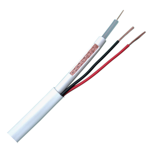 Kombineret Kabel - RG59 + strømforsyning - Spole på 100 meter - Hvid kabelbeklædning - Udvendig diameter 9,0 mm - Lavt tab