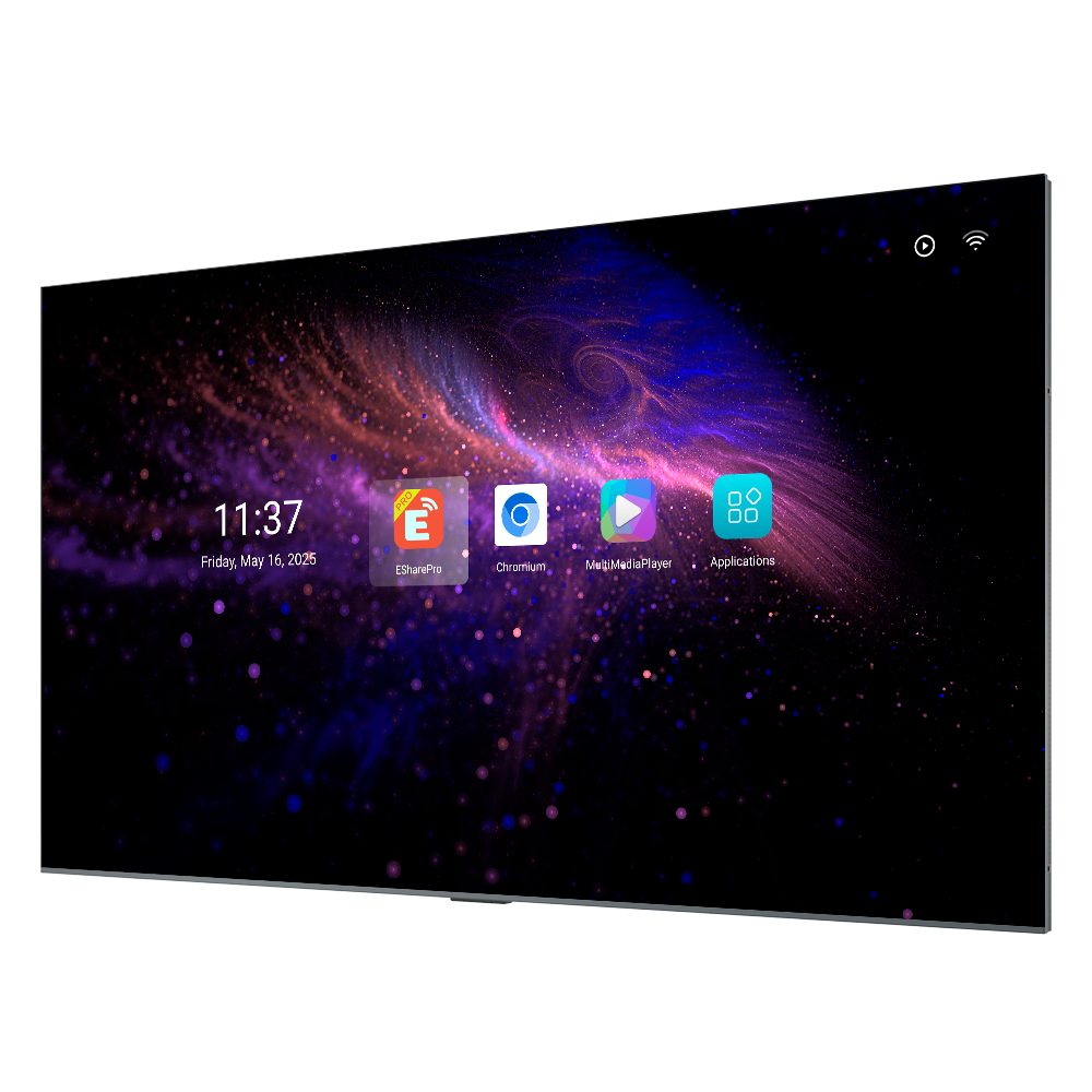 Monitor 115" 4K - Gratis skærmdeling app - 16/7 - Vægbeslag inkluderet - Android 14 - Lyd med total effekt på 120W