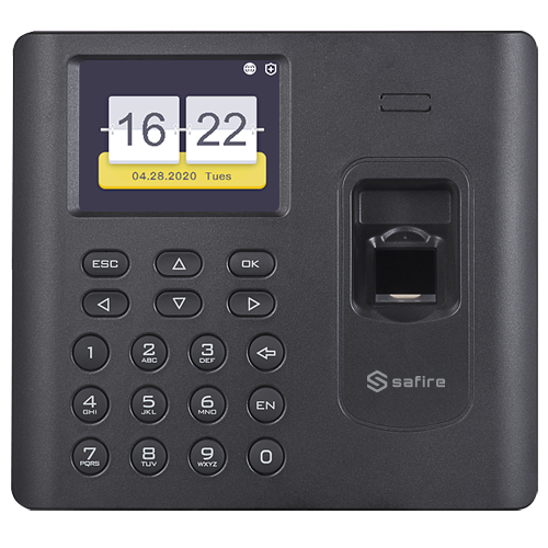 Tids- og fremmødekontrol - Fingeraftryk, EM kort og PIN - 3.000 brugere | 100.000 registreringer - TCP/IP, WiFi, USB og fremmødetilstande - 2.8" TFT | Backup batteri - Safire Control Center