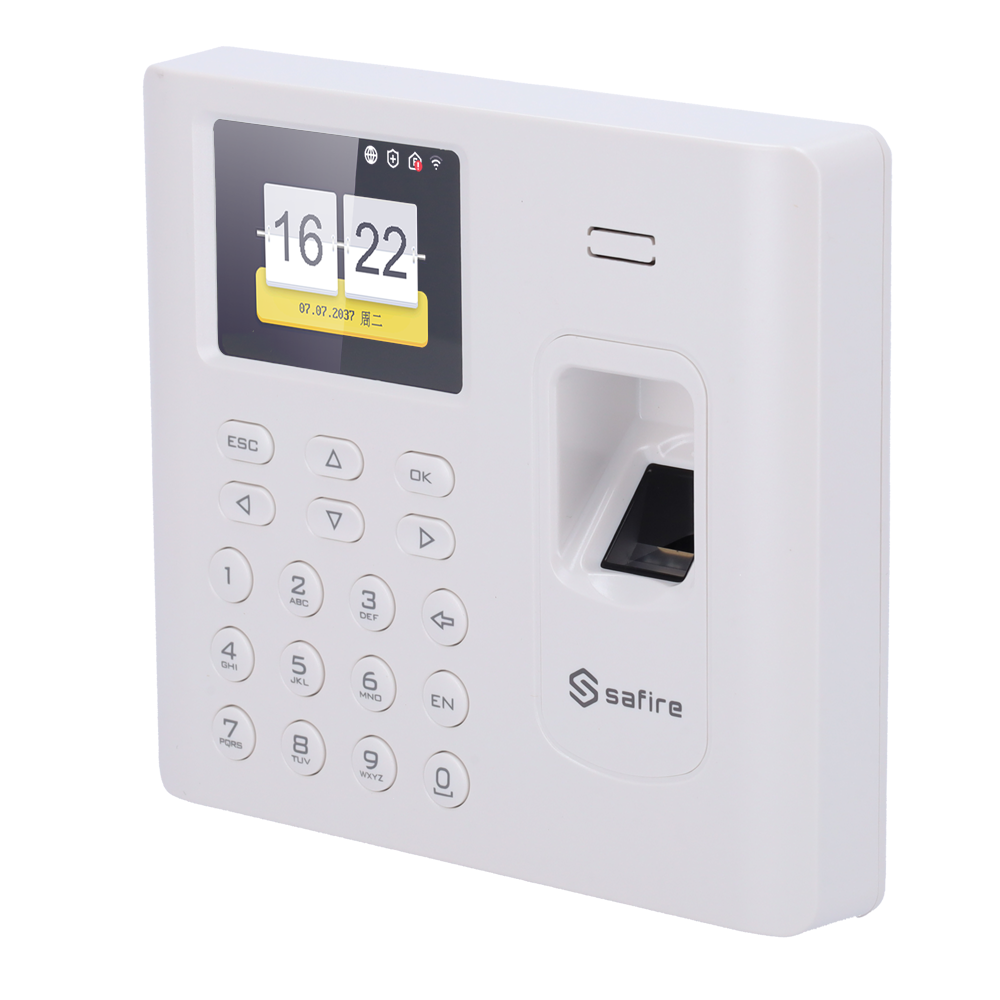 Tids- og fremmødekontrol - Fingeraftryk, EM kort og PIN - 3.000 brugere | 100.000 registreringer - TCP/IP, WiFi, USB og fremmødetilstande - 2.8" TFT - Safire Control Center