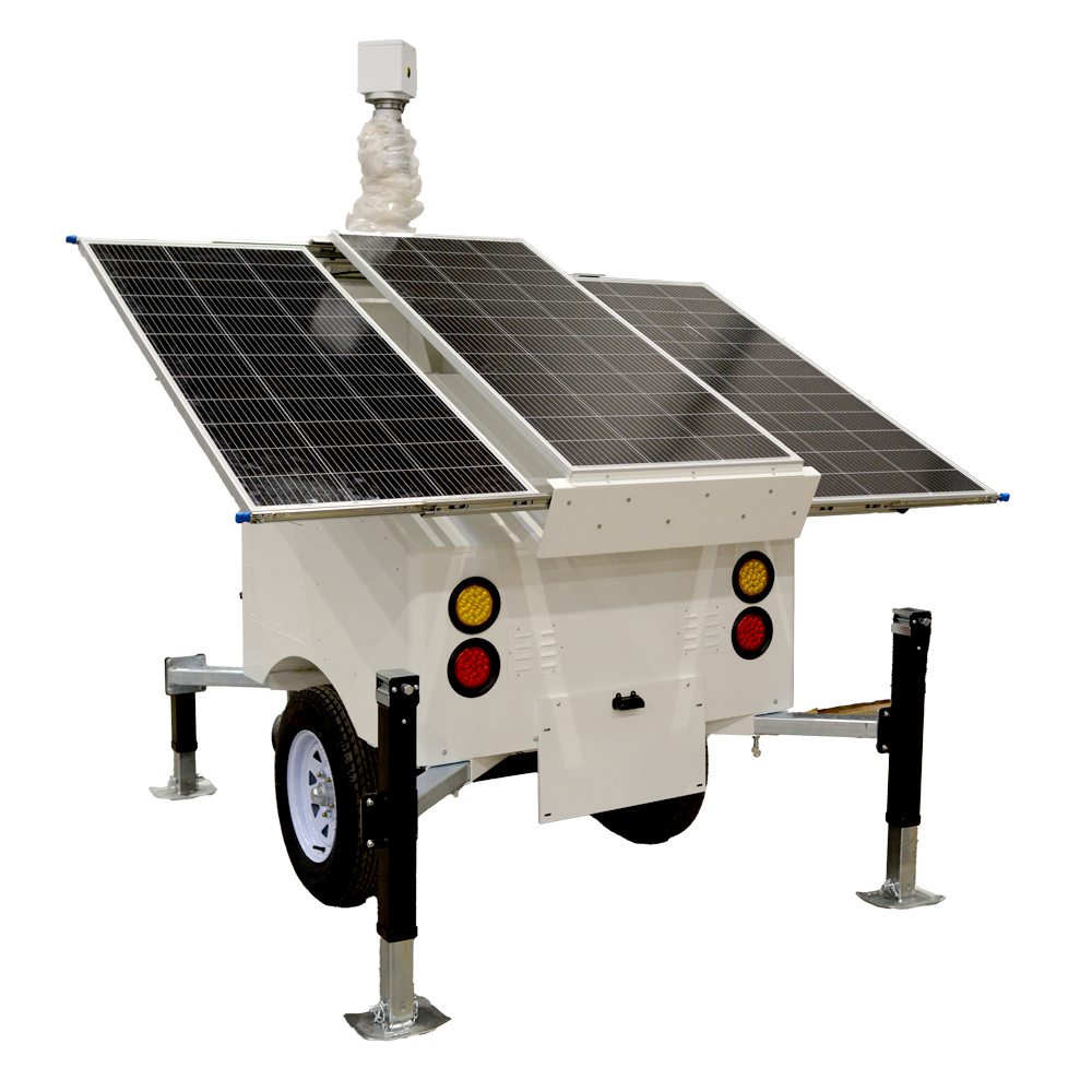 Selvforsynet trailer til CCTV - Solpanel på 3x120W - Lithium LiFePo batteri 2520Wh (200Ah) - Teleskopisk mast op til 6m - IP65 - Trækkobling og manuel håndbremse - MONTERING IKKE INKLUDERET