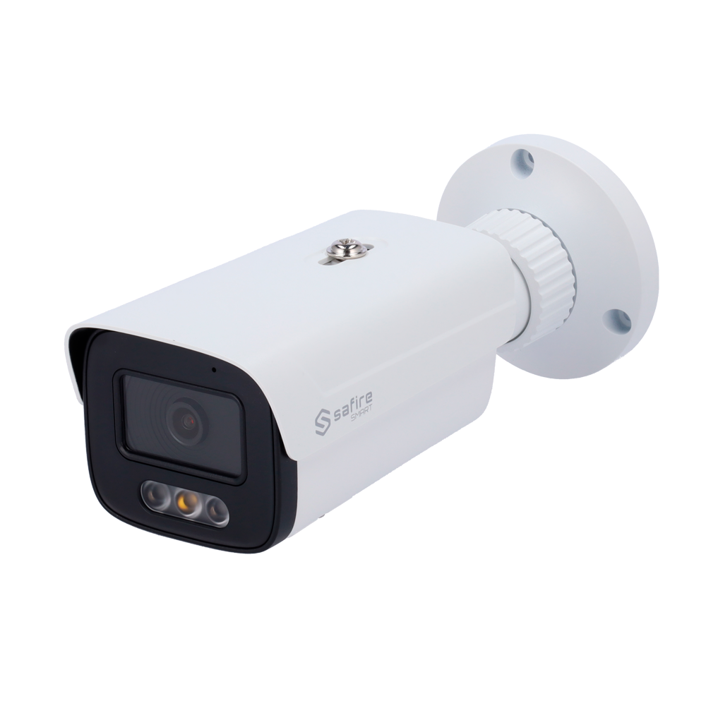 Safire Smart - Bullet IP kamera serie I1 Avanceret AI og DualLight - Opløsning 4 Megapixel (2688x1520) - Objektiv 2.8mm | Lyd | Alarmer | IR 50m & WL 40m - Avanceret AI: Perimeter, ansigtsgenkendelse, tælling, metadata - IP67 vandtæt | PoE (IEEE802.3af) | P2P