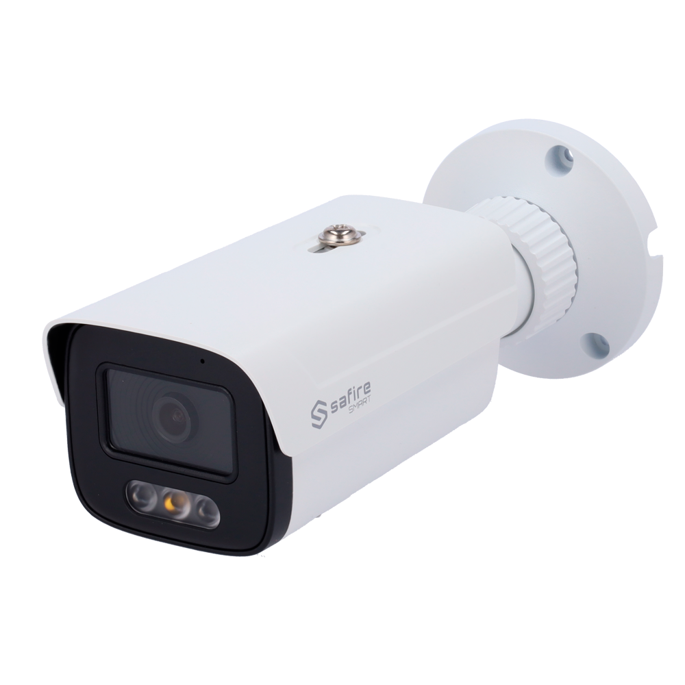 Safire Smart - Bullet IP kamera serie I1 med avanceret AI og DualLight - Opløsning 4 Megapixel (2688x1520) - Linse 3.6mm | Lyd | Alarmer | IR 50m & WL 40m - Avanceret AI: Perimeter, ansigtsdetektering, optælling, metadata - IP67 vandtæt | PoE (IEEE802.3af) | P2P
