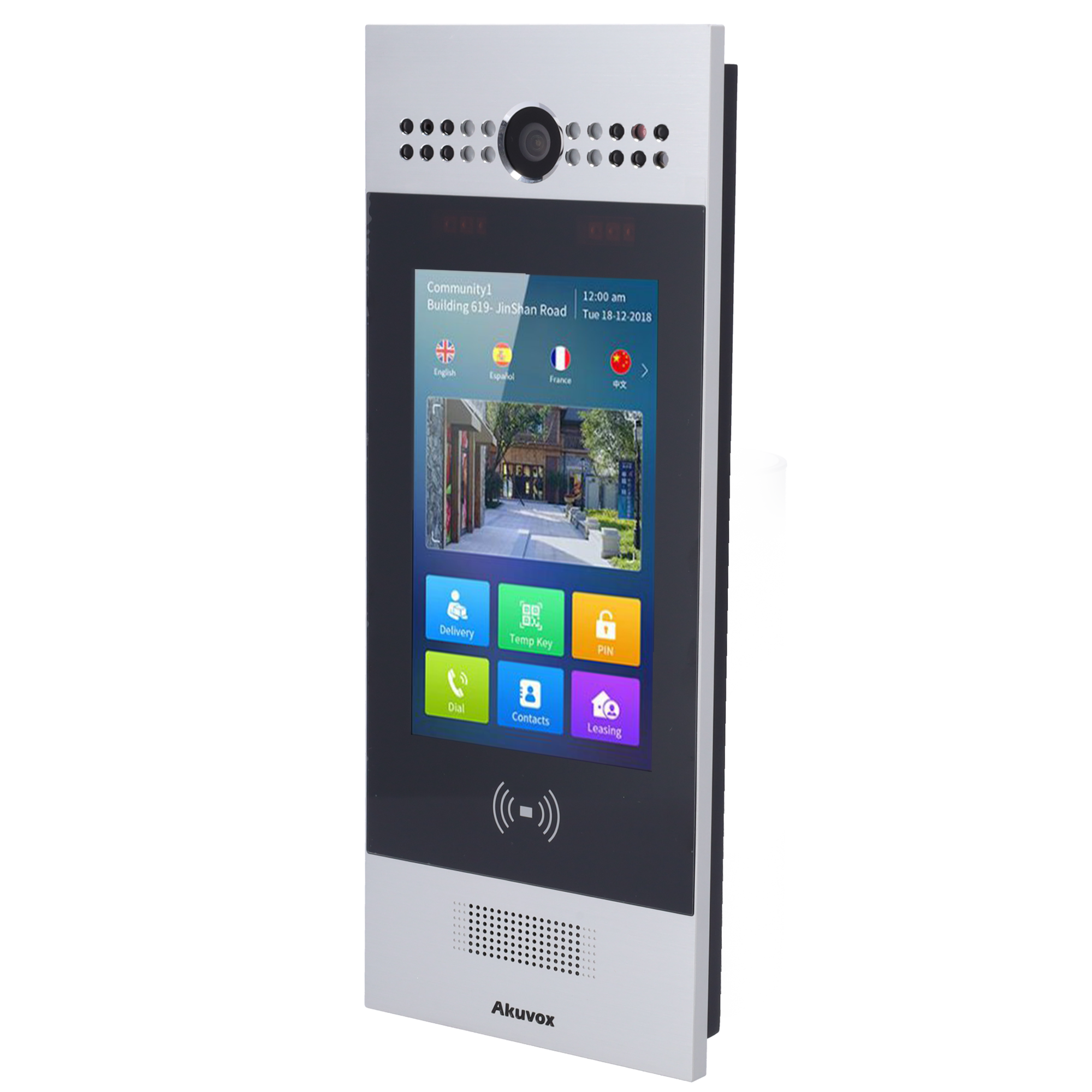Video intercom IP - Kamera 3 Mpx : Tovejs audio og video - Ansigts-, kort-, PIN og QR | 3 relæer - Lejligheder : PoE+, SIP standard - IPS 7" touchskærm | Cloud vedligeholdelse - Forbindelse via Cloud | Output 12V