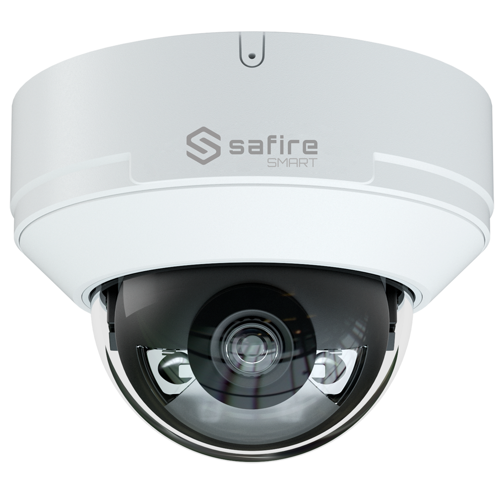 Safire Smart Smart IP Dome kamera E1 serie med AI-ISP - Sensor 1/2.9" bred blænde F1.0 Night Color X - Opløsning 4 Megapixel (2688x1520) | MicroSD - Objektiv 2.8 mm | Indbygget mikrofon | LED 30m - AI: Klassificering af mennesker og køretøjer | Tælling - IP67 & IK10 Rating | PoE (IEEE802.3af)