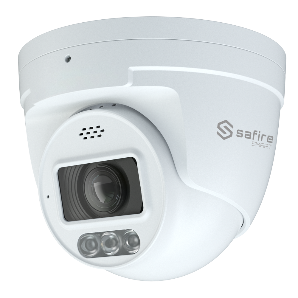 Safire Smart - Turret IP kamera serie I1 med Active Deterrence - Opløsning 8 Megapixel (3840x2160) - Linse 2,8 mm | MIC & højttaler | Dual light 40m - AI: Klassifikation af mennesker og køretøjer - IP67 Rating | PoE (IEEE802.3af)
