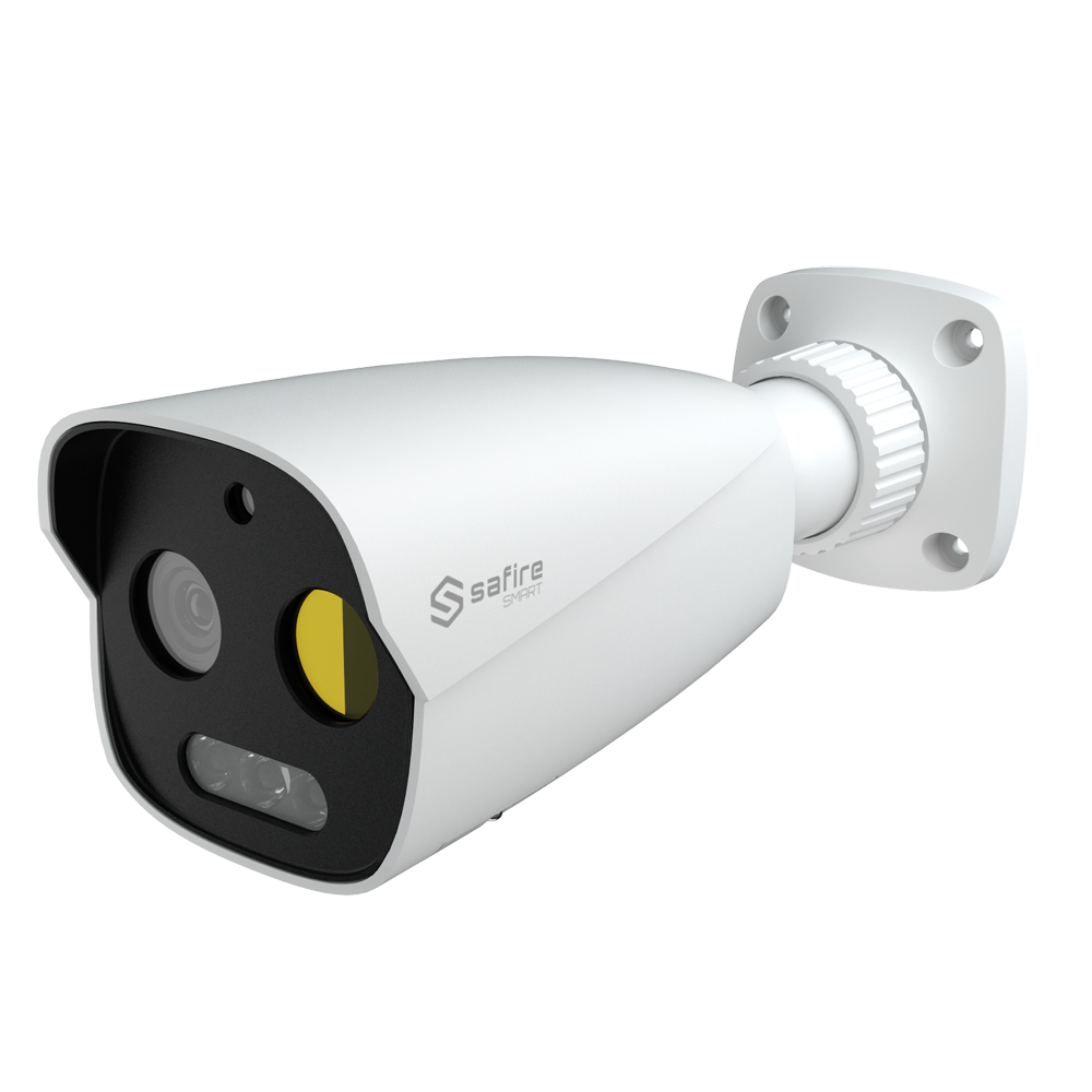 Safire Smart Dual IP Bullet Termisk Kamera - Termisk sensor 256x192 VOx | Linse 7 mm - Optisk sensor 1/2.7" 5 MP | 8 mm Linse - Termisk følsomhed ≤ 50mK - AI baseret på menneske- og køretøjsklassificering - Temperaturmåleområde -20~150ºC / ± 8ºC