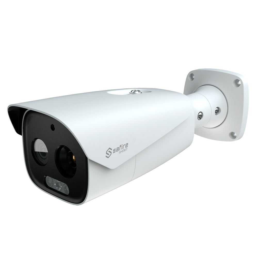 Safire Smart Dual Bullet IP termisk kamera - Termisk sensor 12 μm 384x288 VOx | Linse 9 mm - Optisk sensor 1/2.7" 5 MP | 8 mm linse - Termisk følsomhed ≤ 35mK - AI baseret på menneske- og køretøjsklassificering - Temperaturmåleområde -20~150ºC / ± 8ºC