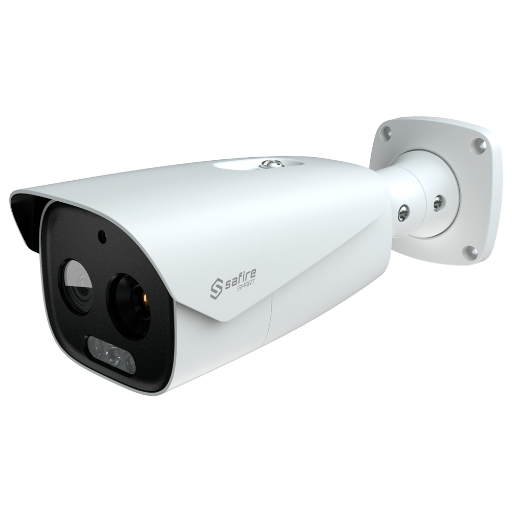 Safire Smart Dual Bullet IP termisk kamera - Termisk sensor 12 μm 640x512 VOx | Linse 9 mm - Optisk sensor 1/2.7" 5 MP | 4 mm linse - Termisk følsomhed ≤ 35mK - AI baseret på menneske- og køretøjsklassificering - Temperaturmåleområde -20~150ºC / ± 8ºC