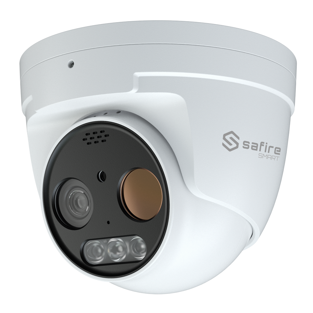 Safire Smart Dual Turret IP termisk kamera - Termisk sensor 256x192 VOx | Linse 3.2 mm - Optisk sensor 1/2.7" 5 MP | 4 mm linse - Termisk følsomhed ≤ 50mK - AI baseret på menneske- og køretøjsklassificering - Temperaturmåleområde -20~150ºC / ± 8ºC