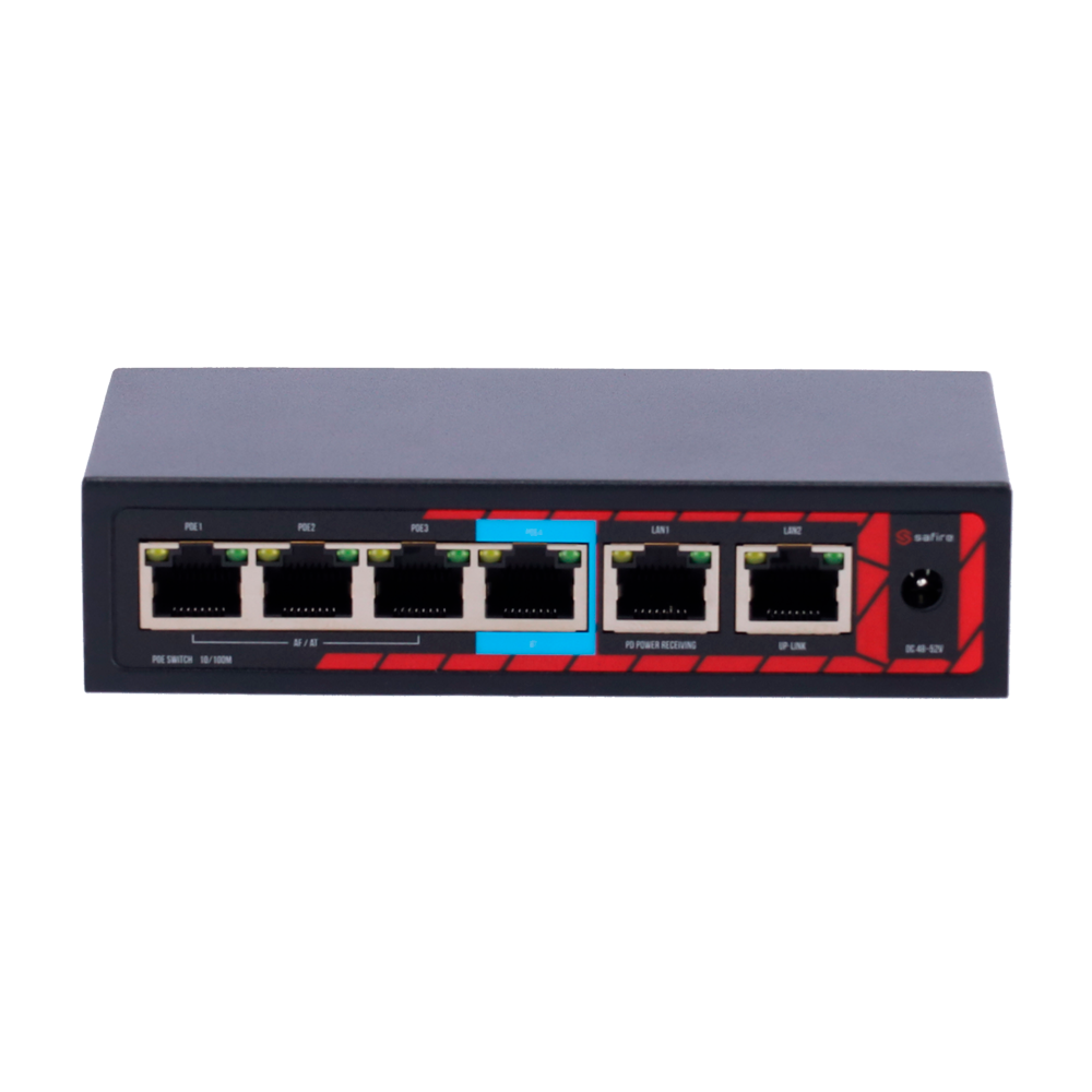 Safire Indendørs Hi-PoE Extender Switch - Udvider PoE strømforsyningsrækkevidde - 4 PoE porte + 2 Up-link porte - IEEE 802.3 af/at/bt - Maksimal output effekt 60 W - 10/100Mbps porte