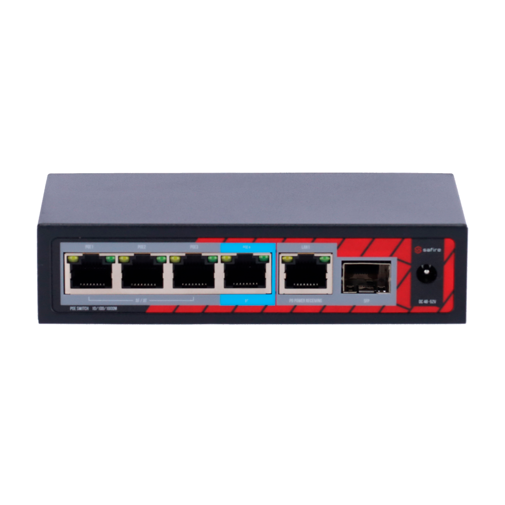 Safire Indendørs POE extender Switch - Udvidet POE rækkevidde - 4 PoE porte + 1 Uplink RJ45 +1 SFP - IEEE 802.3 af/at/bt - Maksimal output effekt 60 W - 10/100/1000Mbps porte