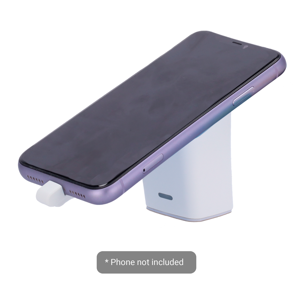 Holder med EAS tyverisikringsalarm - Egnet til mobiltelefoner - Tilslutning med Lightning kabel (iPhone) - Hørbar 100 db og lydalarm - DC strømforsyning 5 V med indbygget batteri - Dimensioner: 50 (B) x 78 (H) x 47 (D) mm