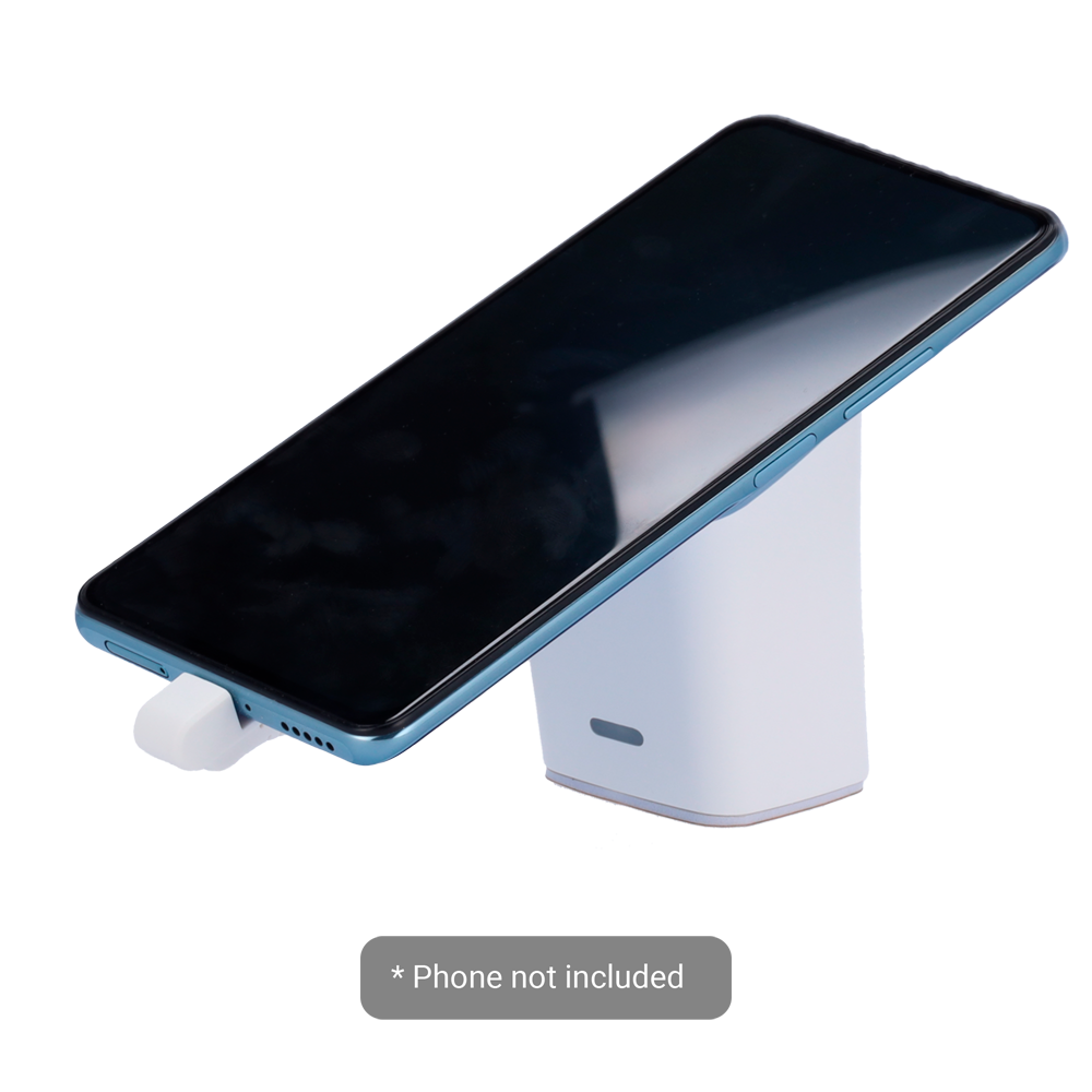 Holder med EAS tyverisikringsalarm - Egnet til mobiltelefoner - Tilslutning med USB-C kabel - Hørbar 100 db og lydalarm - DC strømforsyning 5 V med indbygget batteri - Dimensioner: 50 (B) x 78 (H) x 47 (D) mm
