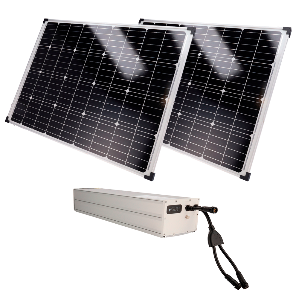 Selvstændigt strømforsyningssystem til CCTV - 2x Solpanel på 150W - LiFePo4 1920Wh batteri (150Ah) Integreret MPPT - Output 12/24 VDC - RS-485 kommunikation