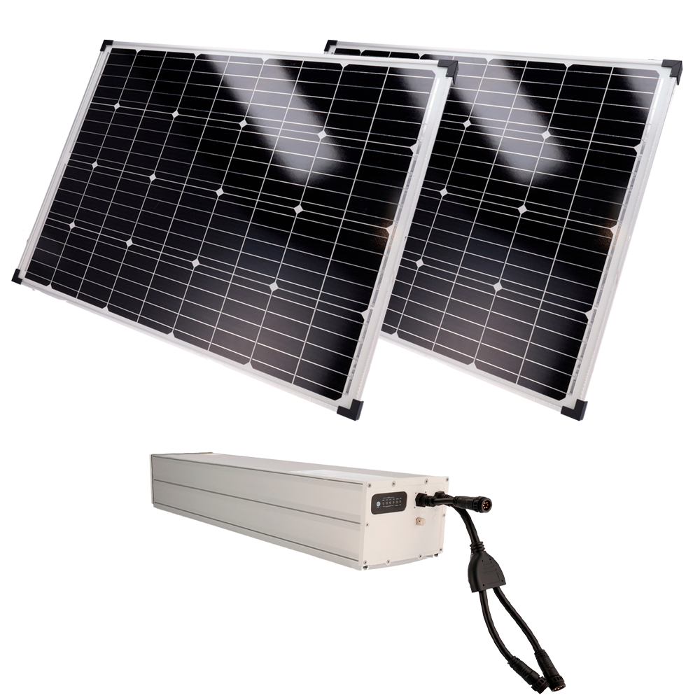 Selvstændigt strømforsyningssystem til CCTV - 2x Solpanel på 200W - LiFePo4 2560Wh batteri (200Ah) Integreret MPPT - Output 12/24 VDC - Mastemontering - RS-485 kommunikation