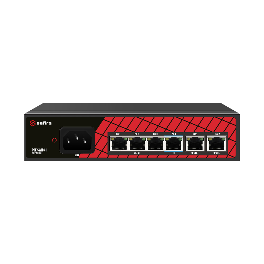 Safire Hi-PoE Switch - 4 PoE porte + 2 Uplink porte - Porthastighed 10/100Mbps - 3 PoE+ porte 30W + 1 Hi-PoE port 60W - Total PoE effekt 60W / PoE Watchdog - Auto Adaption PoE Extended op til 250m
